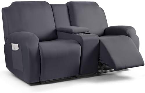 TAOCOCO Reclining Loveseat with Middle Console Slipcover, 4 Piece Polyester Fabric Stretch Loveseat Reclining Sofa Covers (Dark Gray, 2 Seat Recliner Cover with Console)