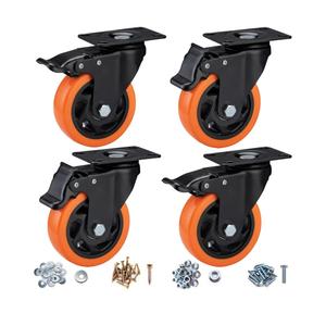4" Caster Wheels, Casters Set of 4 Heavy Duty - Orange Polyurethane Castors, Top Plate Swivel Wheels, 4-Pack Industrial Casters with Brake, Locking Caster for Furniture and Workbench