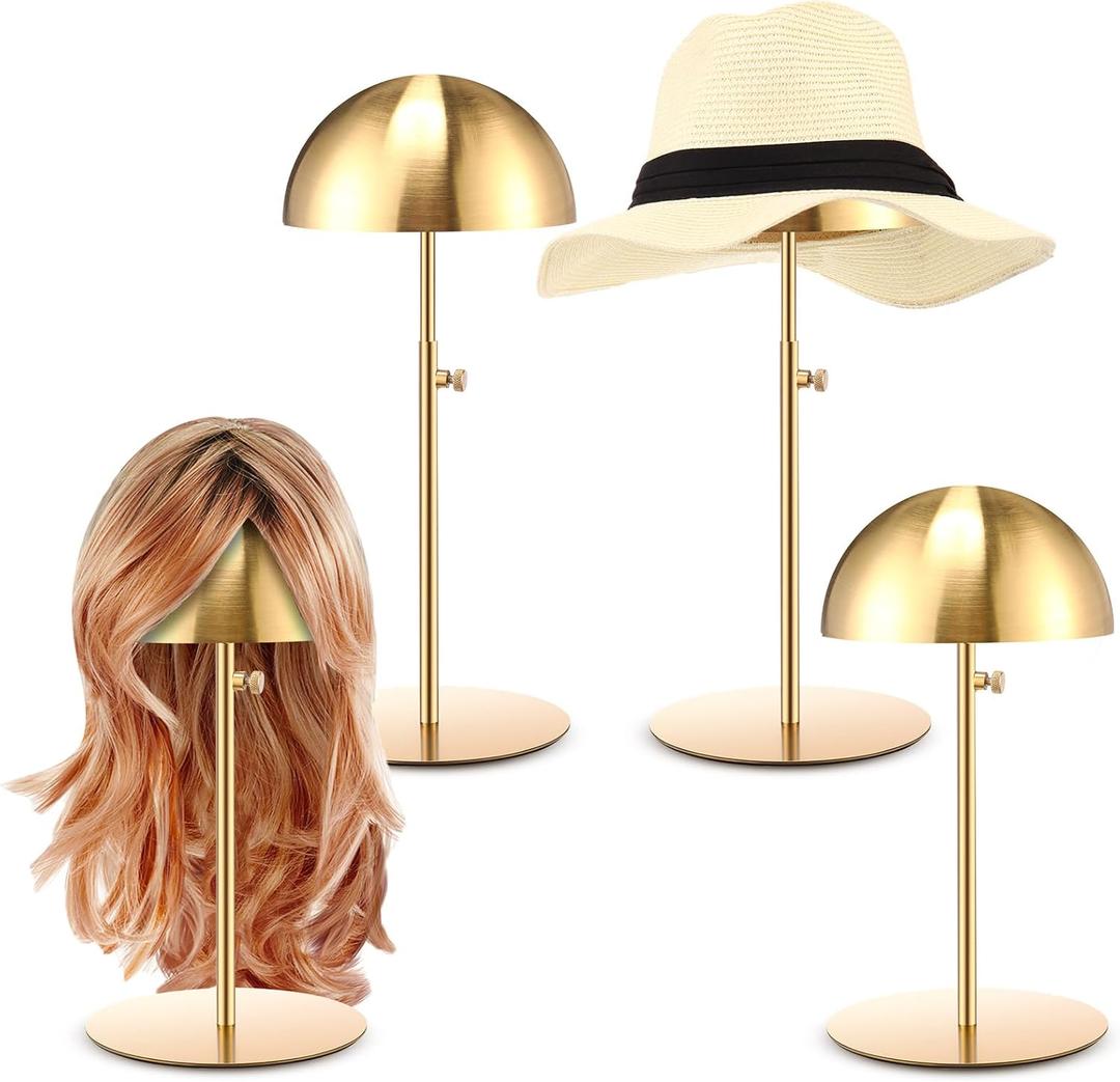 Sintuff 4 Pcs Hat Display Stand:adjustable 7.9-15.7inch Wigs Head Holder Stand Non Slip Stainless Steel Metal Rack for Multiple Hats Wig Storage Styling Practice(Gold,Round Base)