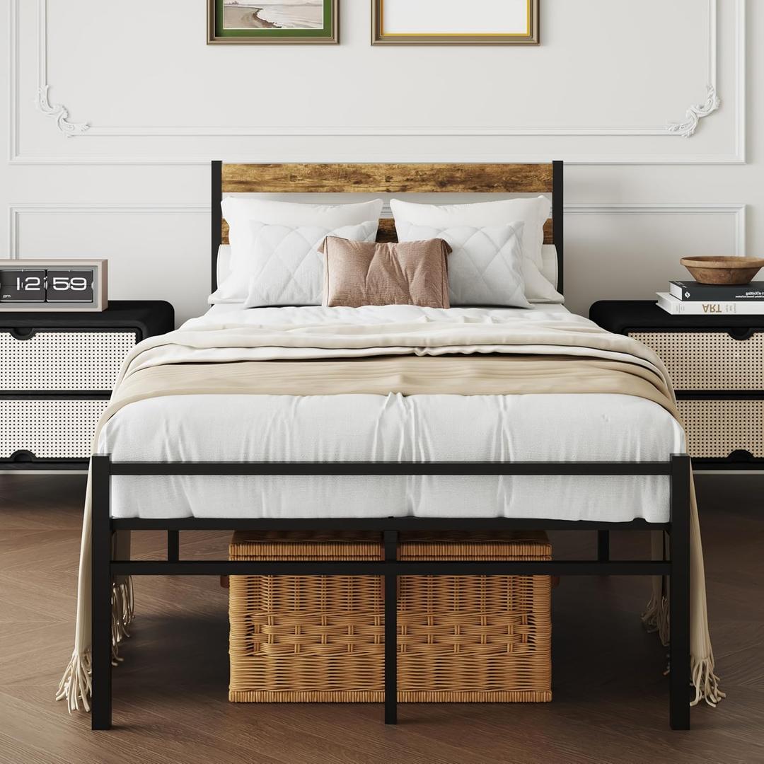 Metal Platform Bed Frame with Headboard, TwinSize 39.0W x 77.7L x 36.2H inches, Wood and Faux Leather, Walnut (Walnut Colour, Twin)