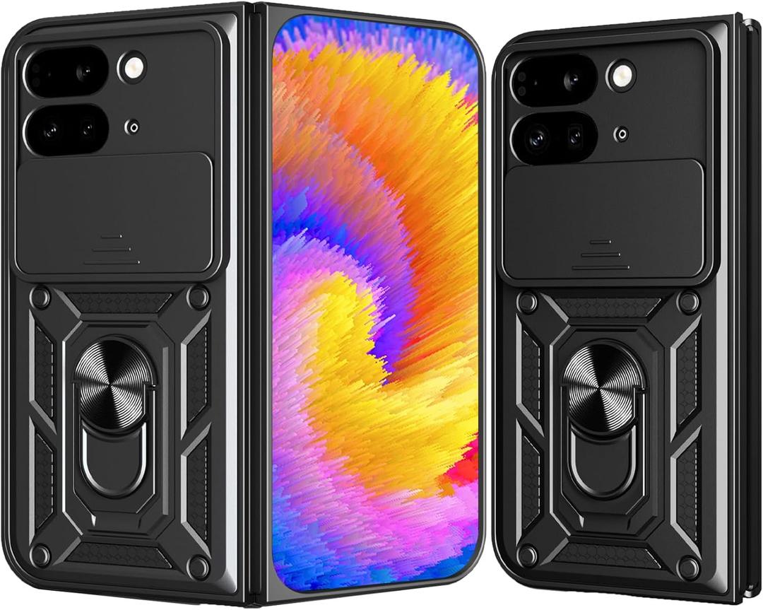 for Google Pixel 9 Pro Fold Case with Slide Camera Cover & Rotatable Ring Kickstand, Military Grade Shockproof Protective Phone Cover Case for Google Pixel Fold 2 5G 2024 SJ Black