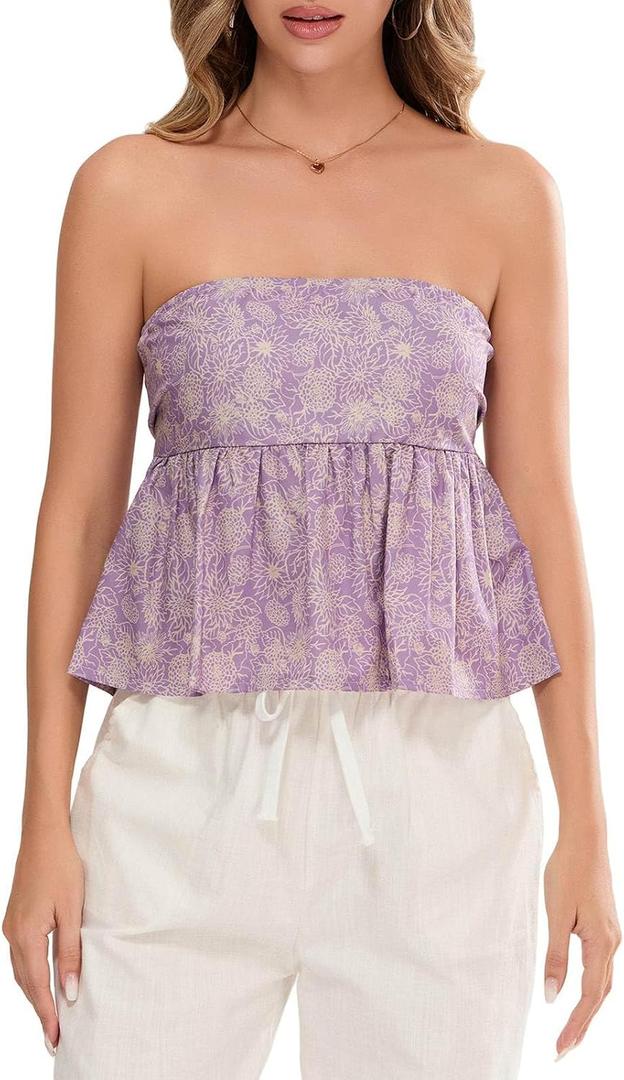 Women's Tie Back Cropped Tube Top Cute Floral Strapless Babydoll Peplum Tops Trendy Summer Casual Flowy Bandeau Outfit, XL