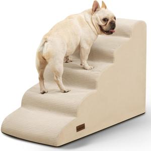 Aodisman 5-Step Dog Stairs and Ramp for High Bed,Non-Slip Sturdy Pet Steps for Small Dogs and Cats,22.2" H,Beige
