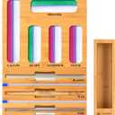 Calmbee 9 in 1 Bamboo Storage Bag Organizer for Kitchen Drawer  Plastic Wrap Dispenser with Cutter & Foil Organizer, Wooden Baggie Organizer for Sandwich, Snack, Gallon, Quart Sizes, Natural