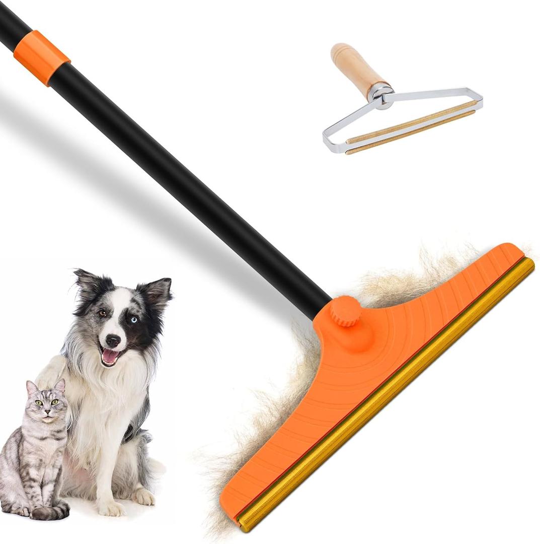 Pet Hair Removal, Reusable Pet Hair Remover with 60” Adjustable Long Handle, Carpet Scraper Dog Cat Hair Remover Tool for Rugs, Mats, Couch, Furniture Orange