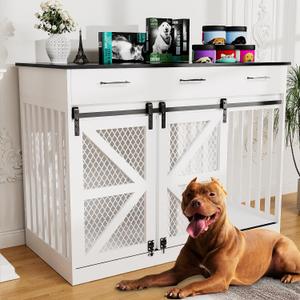 48" Dog Crate Furniture with Storage, Heavy Duty Dog Kennel Indoor with Divider for Small, Medium and Large Dogs, Large Dog Cage with Sliding Barn Door, Decorate House as TV Stand, End Table (47.6"L x 22.8"W x 35.5"H, White)
