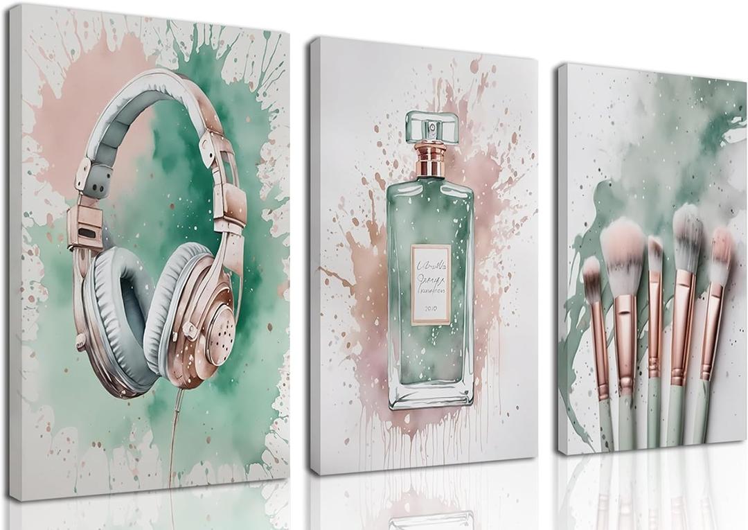 Fashion Makeup Canvas Wall Art Set of 3 - Pink Trendy Beauty Pictures Wall Decor, Sage Green Perfume Paintings, Makeup Brushes Earphone Prints for Teen Girls Bedroom Bathroom Dorm 16x24 inch Framed, 24L" x 16W"