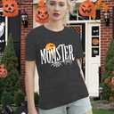 Halloween Momster T-Shirt for Women Funny Spider Bat Tee Mom Ster Letter Print Tee Tops (X-Large, Grey)