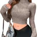 Milumia Women's Mock Neck Cropped Sweater Long Sleeve Slim Fit Knitted Tee (Large, Khaki)