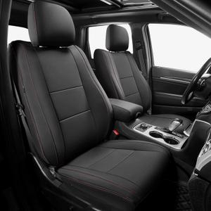 FREESOO for Jeep Grand Cherokee Seat Covers 2011-2021, Custom Fit Car Seat Covers, Luxury Waterproof Leather Seat Covers for Cars, Car Cushion Protector - Front Seats Black Red Line