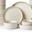 Famiware Star 24-Piece Stoneware Dinnerware Set with Trim, Service for 6 - Shallow Pasta Bowls & Flat Plates, Dishes for Everyday & Formal Use, Chip/Scratch Resistant, Microwave/Dishwasher Safe, White