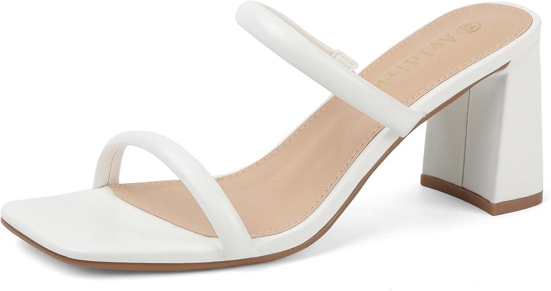 Avidirk Women's Square Open Toe Heeled Sandals Two Strap Mules Slip On Block Chunky Mid Heels Sandals