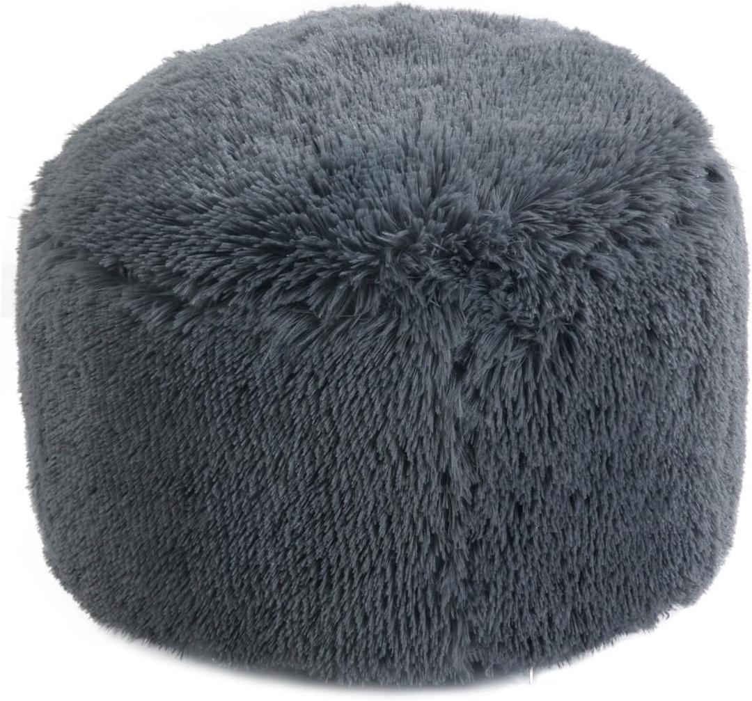 HOMBYS Unstuffed Ottoman Pouf Cover,Round Faux Fur Foot Stool, 16.5"x16.5"x12.5" Fuzzy Chair, Floor Bean Bag(No Filler),Foot Rest with Storage for Living Room, Bedroom, Office, Dark Grey Cover ONLY