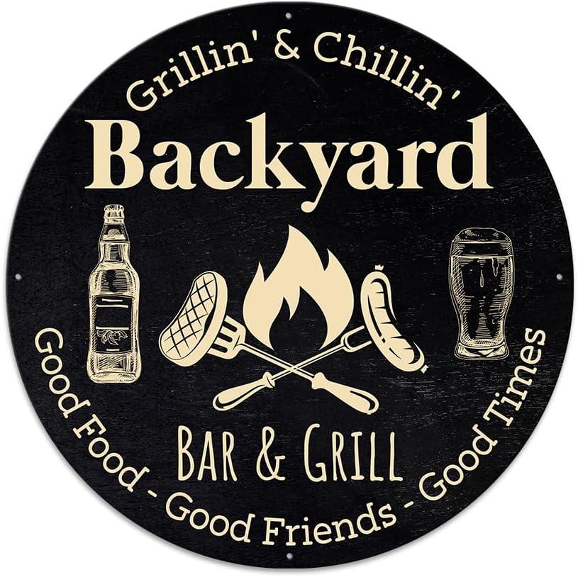MeMate Metal Backyard Bar & Grill Signs, Grilling Sign Outdoor Decor, 18 inches Large Metal Signs for Kitchen Decor, Outdoor Plaques for BBQ Zone, Backyard, Patio Rustic Decorations for Man Cave (02)