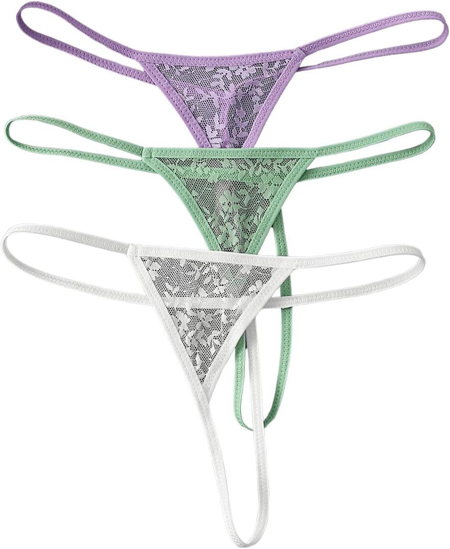 SOLY HUX Women's 3 Piece Lace Thongs Panties Underwear Low Rise Panty Set (Medium, Purple, Green and White)