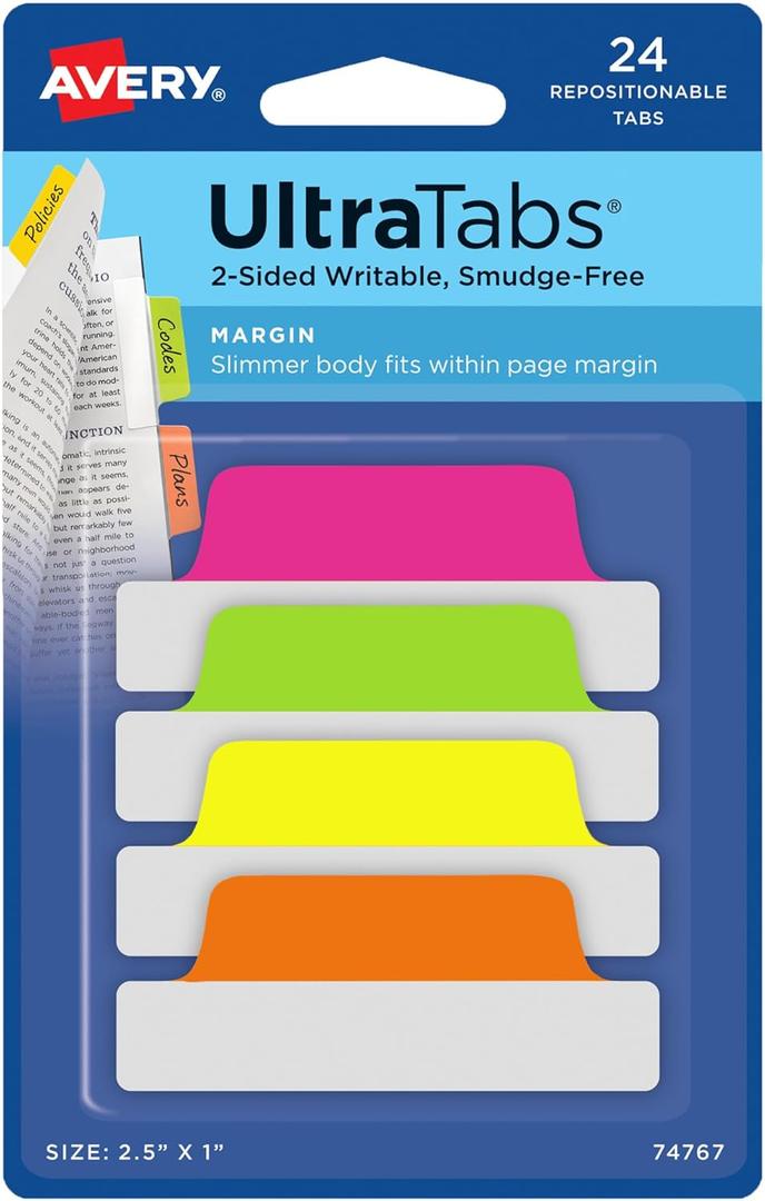 Avery Margin Ultra Tabs, 2.5" x 1", 2-Side Writable, Neon Colors, 24 Repositionable Tabs, 72 Packs (74767)