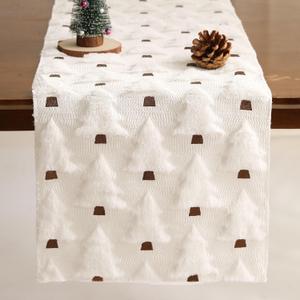 WKJZH Christmas Table Runner 13x72 Inch Soft Plush Faux Fur Jacquard CreamWhite Christmas Tree Table Runner, Seasonal Autumn Kitchen Dining Table Decoration for Home Party Decor ZR001D72
