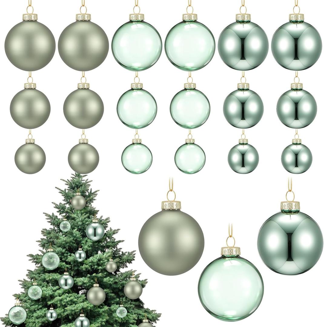 18 Pcs Glass Christmas Ball Ornament Set 1.18'' 1.57'' 2.36'' Christmas Tree Decoration Baubles Matte Shiny Clear Hanging Glass Balls Bulk for Xmas Tree Party Holiday Decor Gifts (Green)