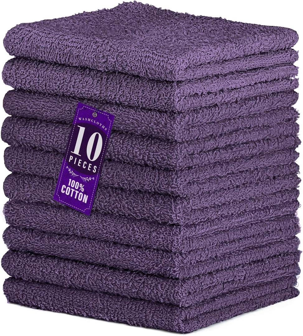 DecorRack 10 Pack 100% Cotton Wash Cloth, Soft 12 x 12 inch, Quick-Drying Towels, Vibrant Colors, Perfect for Gentle Cleaning, Violet (10 Pack)