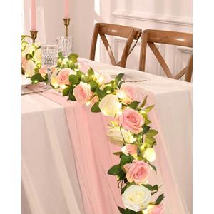 4 Pcs Flower Garland with 39.2 Ft Lights, 26.4 Ft Pink & White Floral Garland Fake Flowers for Wedding Arch Party Wall Garden Room Decor