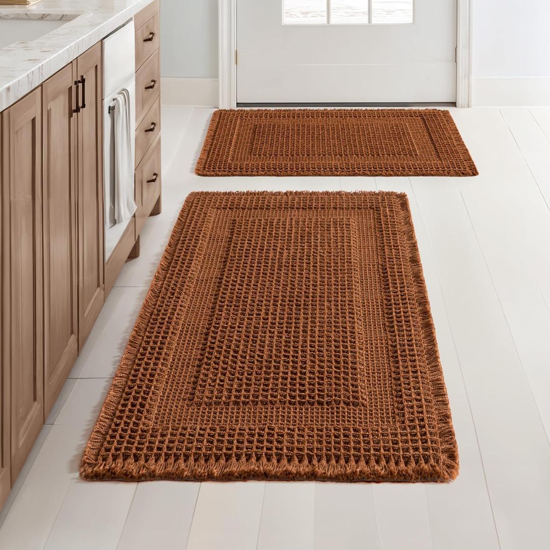MIULEE Set of 2 Waffle Bathroom Rugs, Boho Bath Rug Super Absorbent, Non Slip Washable Ultra Soft Rubber Backed Shower Bath Mats for Floor, Tub, Shower, Looped Design, Terracotta, 17"x24"+18"x30"