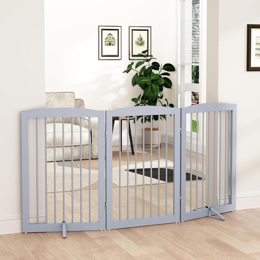 PUPETPO Freestanding Pet Gate for Dogs, Foldable Wooden Dog Gate for House Indoor, Tall Pet Fence for Stair, Doorway,Hall, Support Feet Included, 3 Panels 32", Grey