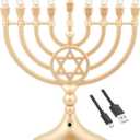 The Dreidel Company Traditional LED Electric Gold Hanukkah Menorah - Large Size 13-Inches Tall Battery or USB Powered - Includes a Micro USB Charging Cable