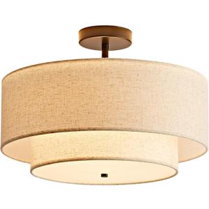 18" Semi Flush Mount Ceiling Light, Classic Fabric Linen Double Drum 3-Light, Farmhouse Black Light Fixture for Living Room, Bedroom, Kitchen, Dining Room