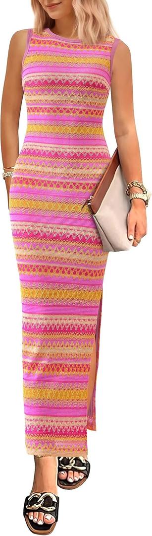 PRETTYGARDEN Womens Maxi Tank Spring Dress Sleeveless Crew Neck Striped Side Slit Casual Long Bodycon Dresses (Pink, XL)