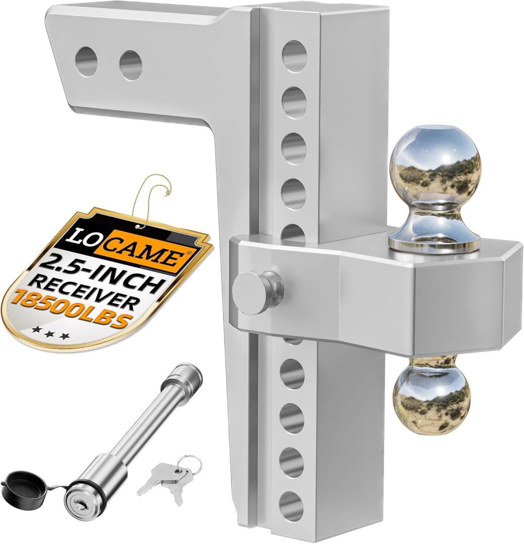 LOCAME Adjustable Trailer Hitch, Fits 2.5" Receiver Only, 10" Drop/Rise Aluminum Drop Hitch,18,500 LBS GTW-Tow Hitch for Heavy Duty Truck with Double Stainless Steel Locks, Silver, LC0009