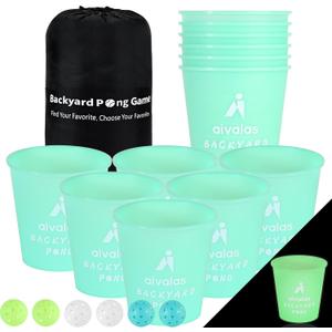 Aivalas Yard Pong Outdoor Games Glow Set in Dark for Adults and Family | Size:7.575inch;Include 12buckets,6balls&carry bag Plastic, absorb sunlight, better glow effect Gift for sand, yard, lawn, snow