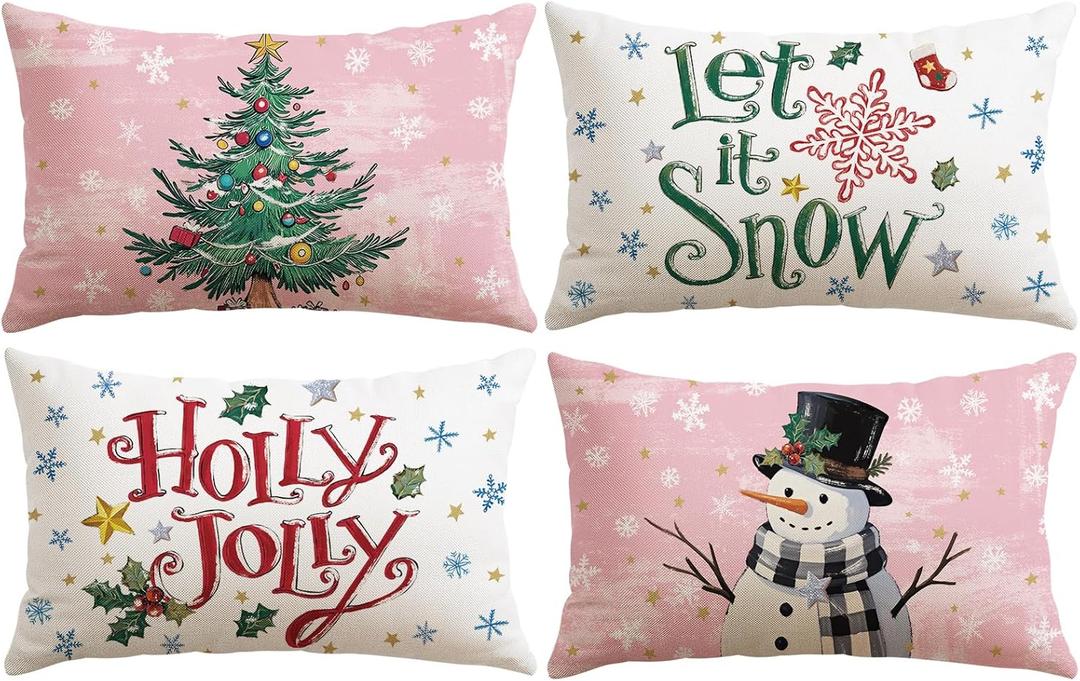 2 x Artscope Christmas Tree Snowman Throw Pillow Covers 12x20 Inch Set of 4, Let It Snow Holly Jolly Winter Hoilday Christmas Decoration Pillow Cases for Home Sofa Couch Decor-Pink