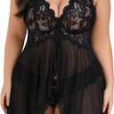 Avidlove Plus Size Lingerie for Women Sexy Lingerie Dress Lace Babydoll Lingerie V-Neck Open Front Strap Nightdress (4X-Large, Black)