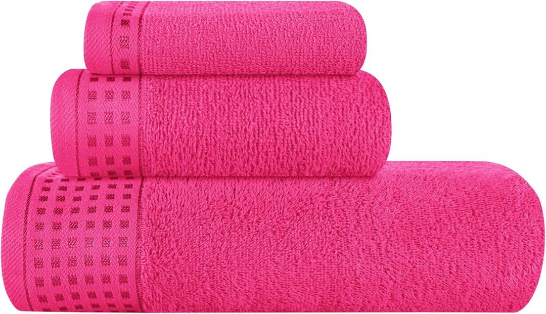 GLAMBURG Ultra Soft 3 Pack Cotton Towel Set, Contains a Bath Towel 28x55 inch, a Hand Towel 16x24 inch & a Wash Coth 12x12 inch, Ideal Everyday use, Compact & Lightweight - Hot Pink