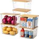 CiWiVOKi 6 Pack Clear Stackable Storage Bins with Bamboo Lids, Trash Bag Holder Dispenser Under Sink Organizer for 4-13 Gal Bags, Plastic Storage Containers for Pantry Bathroom Kitchen Organization