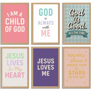 6Pcs Kids Bible Verse Wall Art Girls room Pictures Wall Decor Inspirational Christian Posters Prints Artwork for Living Room Bedroom nursery Home Decoration 12x16in Unframed
