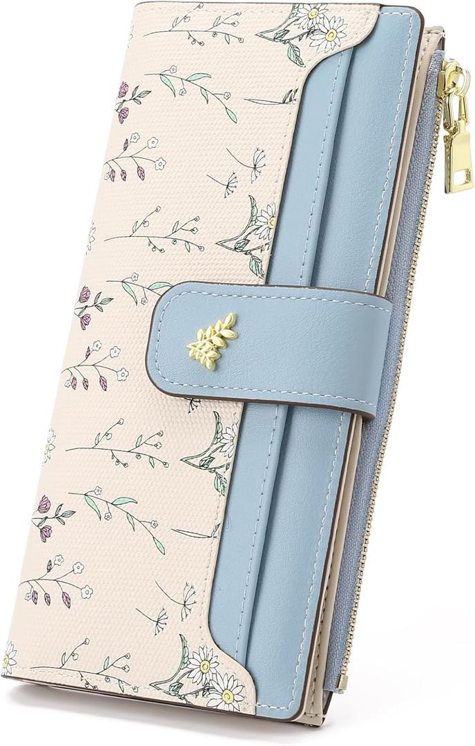 GAEKEAO Womens Wallet Slim Thin RFID Blocking Floral Vegan Leather Card Holder Bifold Long Ladies Wallet with Zipper Pocket (Blue)