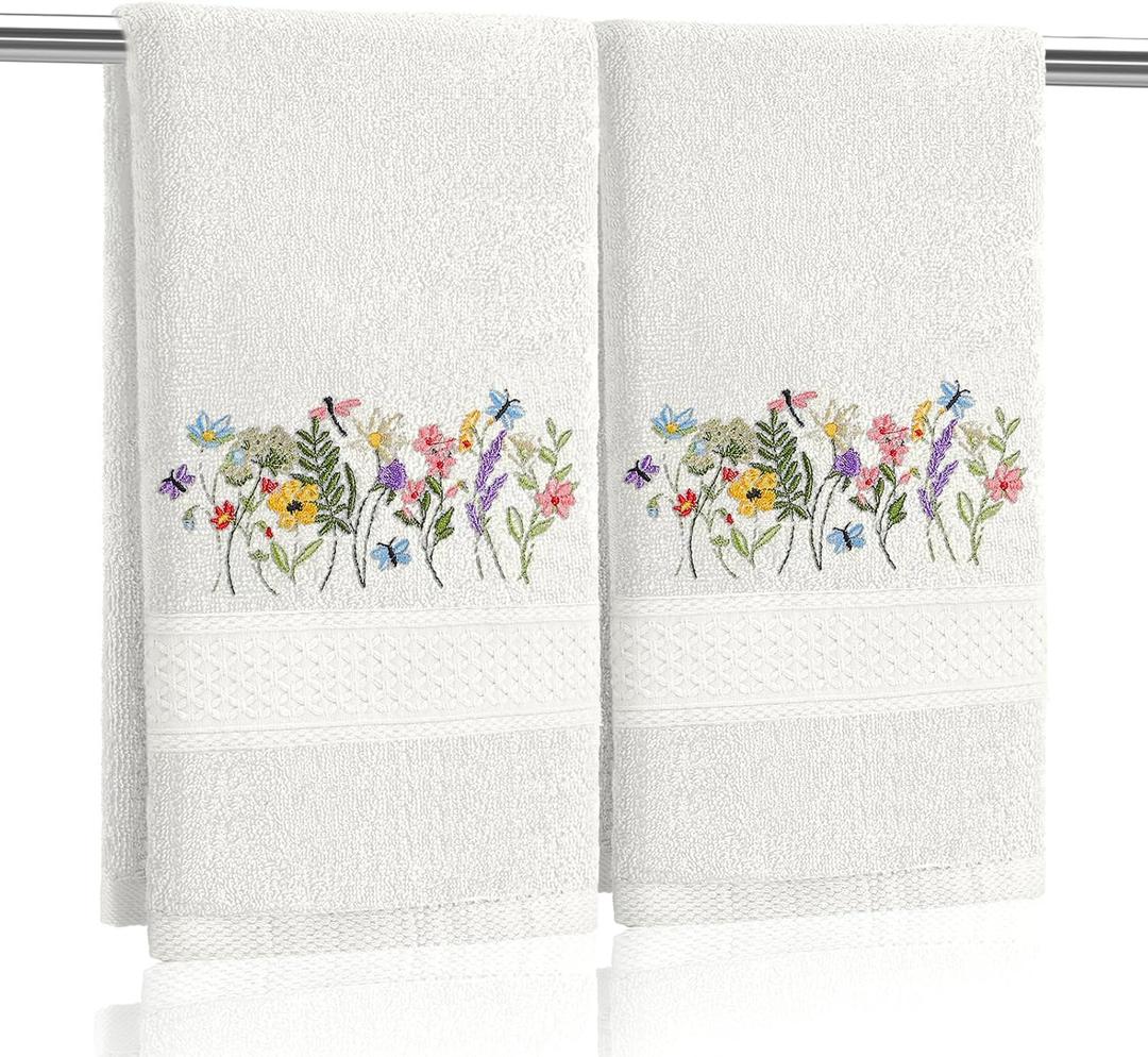 SmoothNovelty 2 Pcs Boho Floral Hand Towels Cream Bathroom Decor 14x29 Inch Embroidered 100% Cotton Soft Absorbent Spring Summer Decorative Hand Towels for Bathroom Kitchen