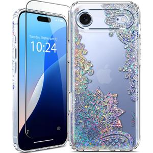 Coolwee Clear Glitter for iPhone Air Case, with Screen Protector, Cute for Women Girls, Slim Shockproof 10FT Drop Protection for iPhone 17 Air Phone Case Crystal Lace Bling Mandala Henna Floral