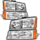 for 2003 2004 2005 2006 Chevy Silverado Headlight Assembly compatible with 03-06 Silverado Avalanche 1500/2500/3500 Clear Lens Chrome Housing Amber Reflector Headlamp Replacement Pair