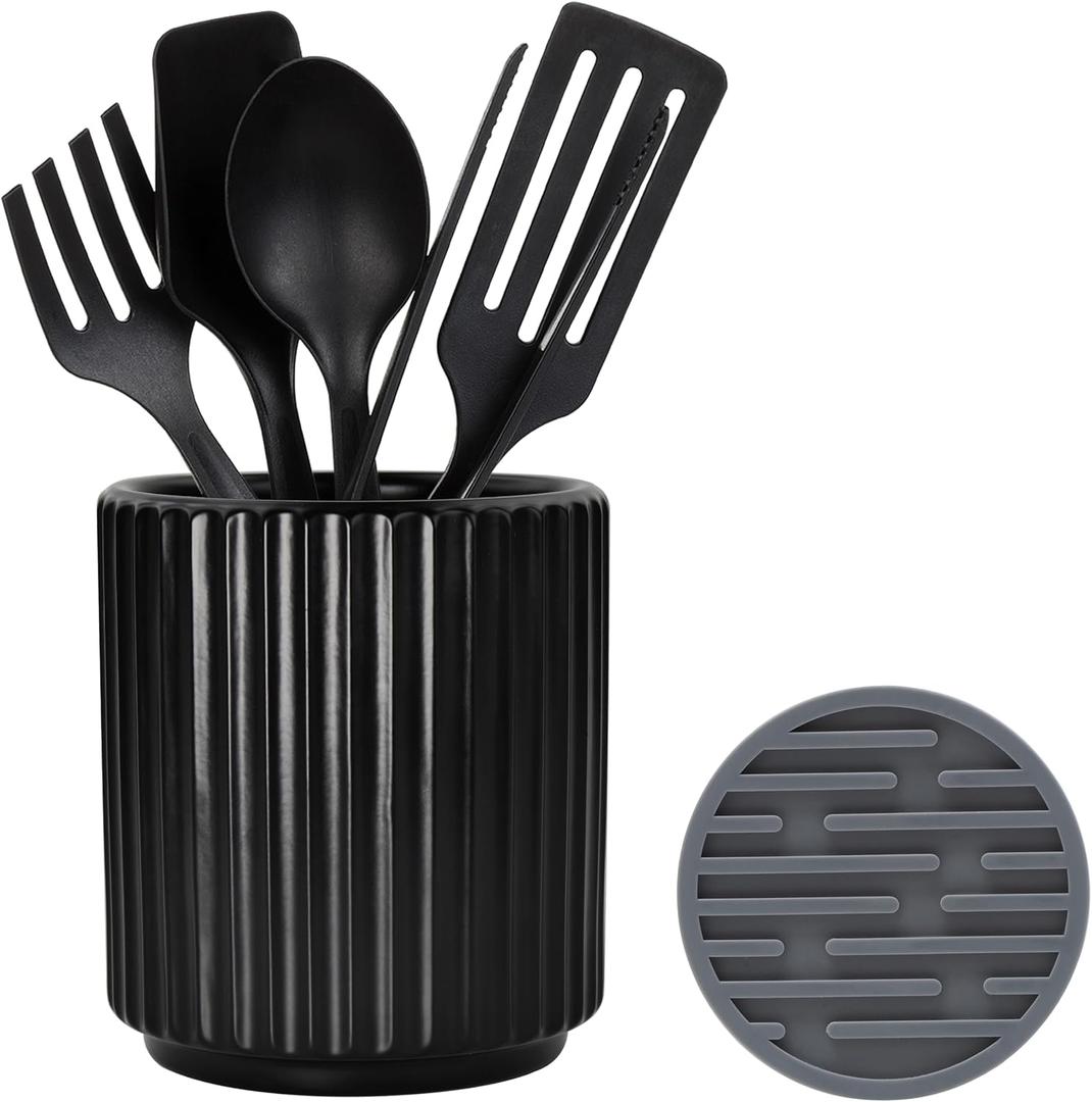 Black Utensil Holder (H5.51 x W4.92), Ceramic Utensil Crock, Cooking Spoon Holder for Kitchen, Spatula Holder for Counter, Includes Silicone Drying Mat, Black
