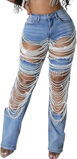 NRTHYE Womens High Waist Ripped Jeans Sexy Pearl Chains Rhinestones Straight Leg Stretch Distressed Denim Pants (Medium, 00light Blue)