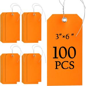 100 Pieces 3x6 inch Large Plastic Shipping Tags with String Heavy Duty Waterproof Hang Tags with String Attached Writable Wire Tags Labels for Luggage Garage Inventory Car Parts (Orange)
