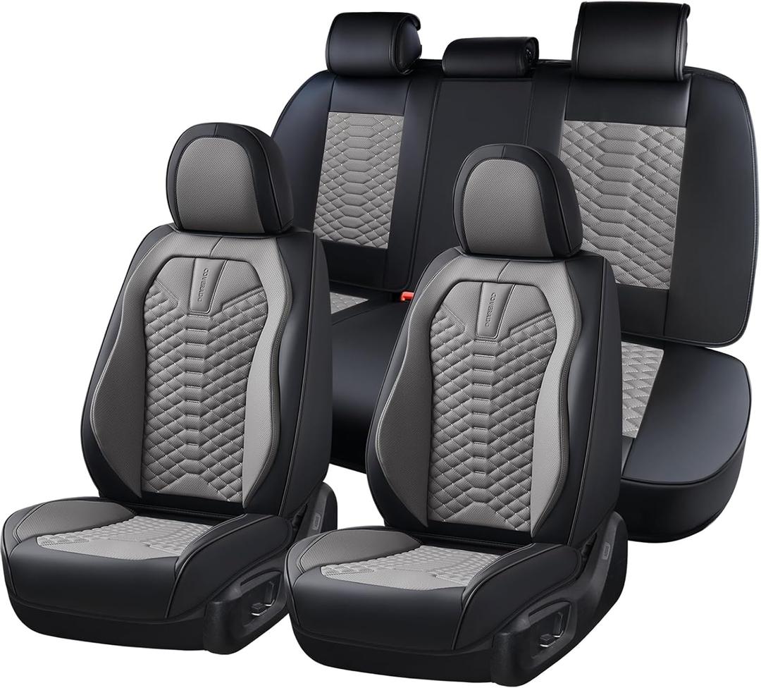 Coverado Seat Covers Full Set, Waterproof Nappa Leather Seat Covers for Cars, 5 Seats Universal Car Seat Protectors, Black and Gray Automotive Seat Covers Car Seat Cushions Fit for Most Cars