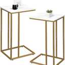 C Shaped End Table Set of 2, Small Side Table for Sofa and Bed, Couch Tables That Slide Under, Snack Side Table for Living Room, Bedroom, White Faux Marble and Gold