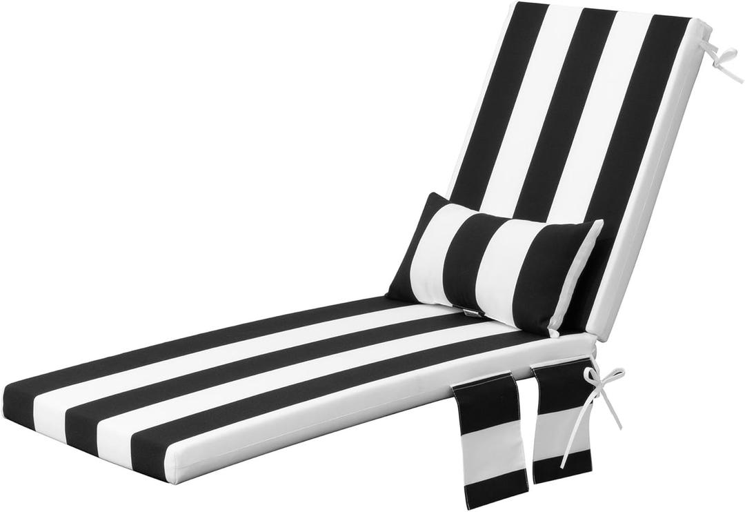Outdoor Chaise Lounge Cushion 80 x 23 Inches with Head Pillow and Side Pockets, Water Repellent & Weather Resistant Patio Recliner Lounge Chair Cushions for Lawn, Pool & Beach (Black Stripe,1 Pcs)