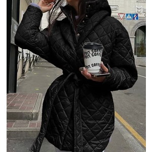 BTFBM Women Button Down Quilted Jacket Coat 2023 Fall Winter Fashion Belt Pockets Removable Padded Hood Puffer Outerwear M Black