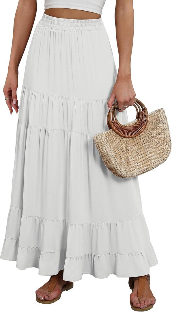 ANRABESS Womens Maxi Skirt Elastic High Waist Swing Tiered A-line Flowy Pleated Boho Beach Vacation Long Skirts White Small