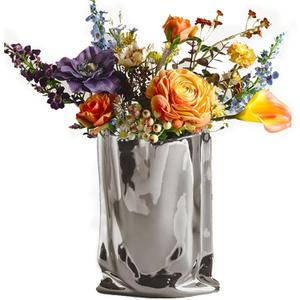 BLOFLO Silver Ceramic Modern Vase Crinkle Fold Paper Bag Handmade Ceramic Vase, Creative Flower Arrangement Ornaments, Decorative Vases for Home Decor, Mantel, Living Room Decoration (Silver)