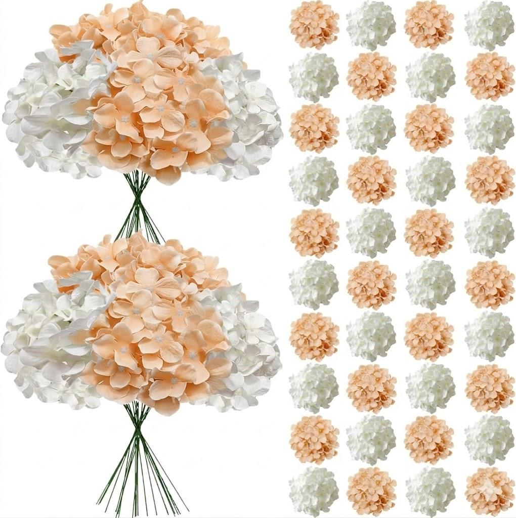 50 Pcs Faux White Peach Hydrangea Artificial Flowers Bulk, Fake Silk Hydrangea Flowers Heads with Stems for Wedding Decorations Garden Party Baby Shower Porch Home Decor Table Centerpieces